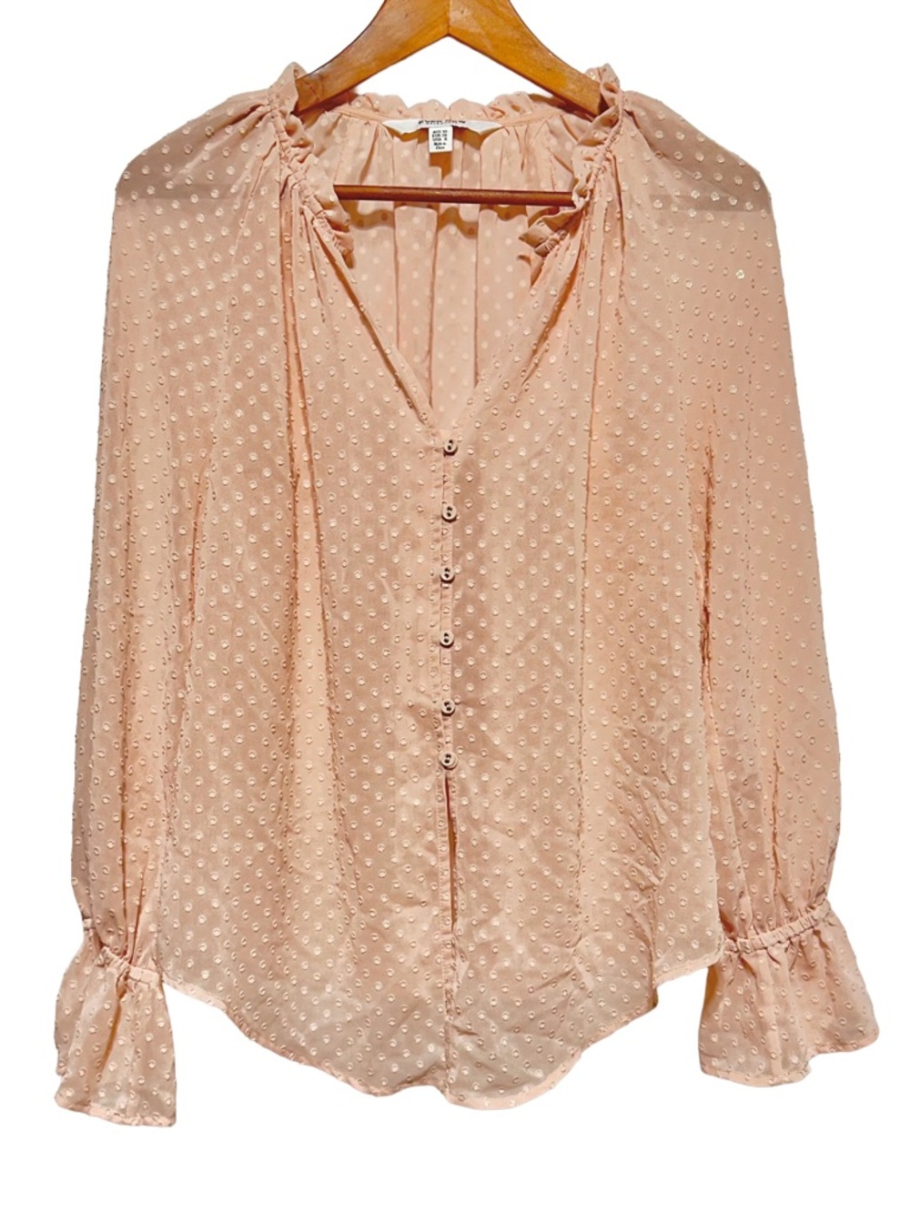 EVER NEW | Peach Blush Gold Metallic Dot Ruffle Coquette Poetcore Blouse Boho - Picture 1 of 10